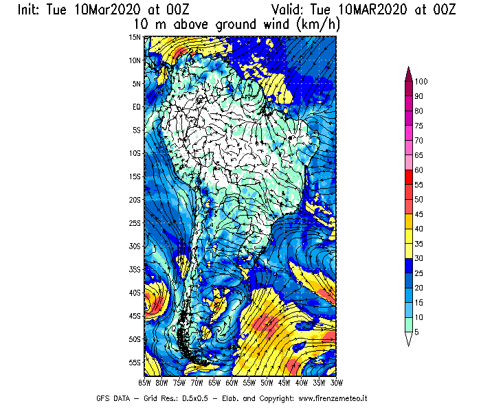 Mappa di analisi GFS - Velocità del vento a 10 metri dal suolo [km/h] in Sud-America
									del 10/03/2020 00 <!--googleoff: index-->UTC<!--googleon: index-->