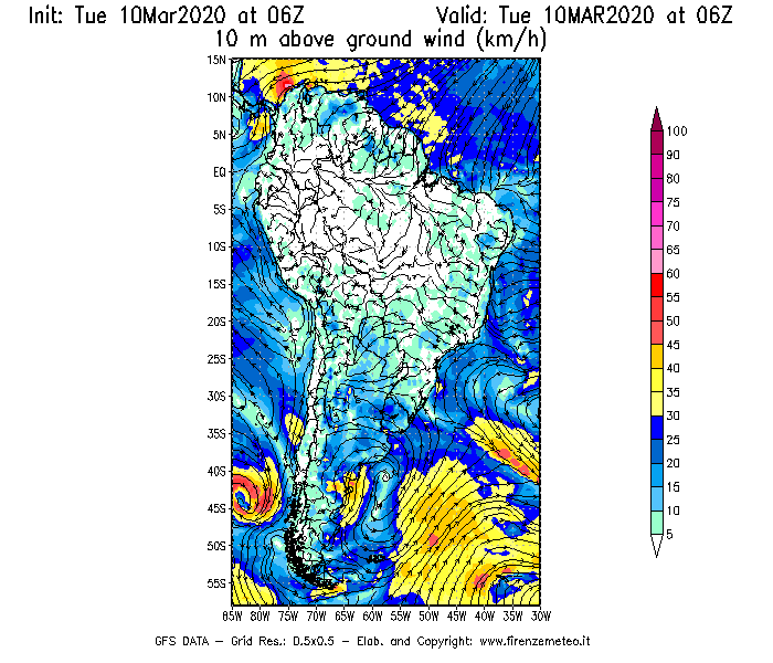 Mappa di analisi GFS - Velocità del vento a 10 metri dal suolo [km/h] in Sud-America
									del 10/03/2020 06 <!--googleoff: index-->UTC<!--googleon: index-->
