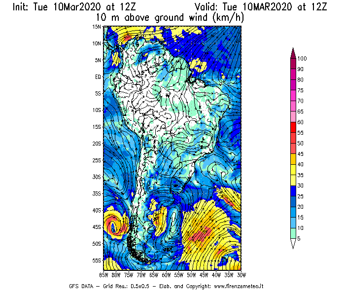 Mappa di analisi GFS - Velocità del vento a 10 metri dal suolo [km/h] in Sud-America
									del 10/03/2020 12 <!--googleoff: index-->UTC<!--googleon: index-->