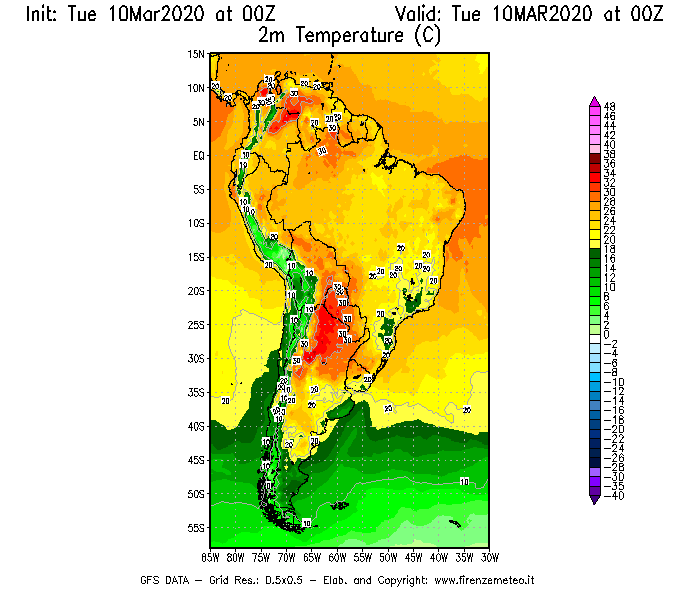 Mappa di analisi GFS - Temperatura a 2 metri dal suolo [°C] in Sud-America
									del 10/03/2020 00 <!--googleoff: index-->UTC<!--googleon: index-->