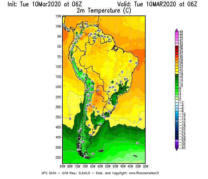 Mappa di analisi GFS - Temperatura a 2 metri dal suolo [°C] in Sud-America
									del 10/03/2020 06 <!--googleoff: index-->UTC<!--googleon: index-->