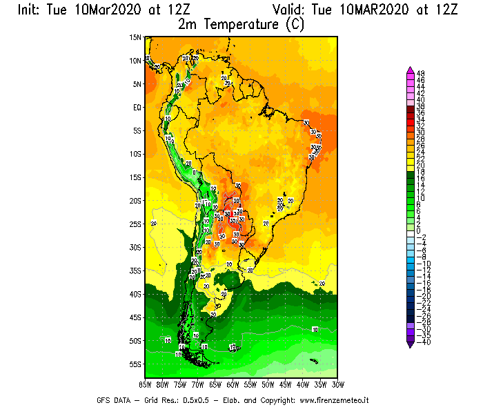 Mappa di analisi GFS - Temperatura a 2 metri dal suolo [°C] in Sud-America
									del 10/03/2020 12 <!--googleoff: index-->UTC<!--googleon: index-->