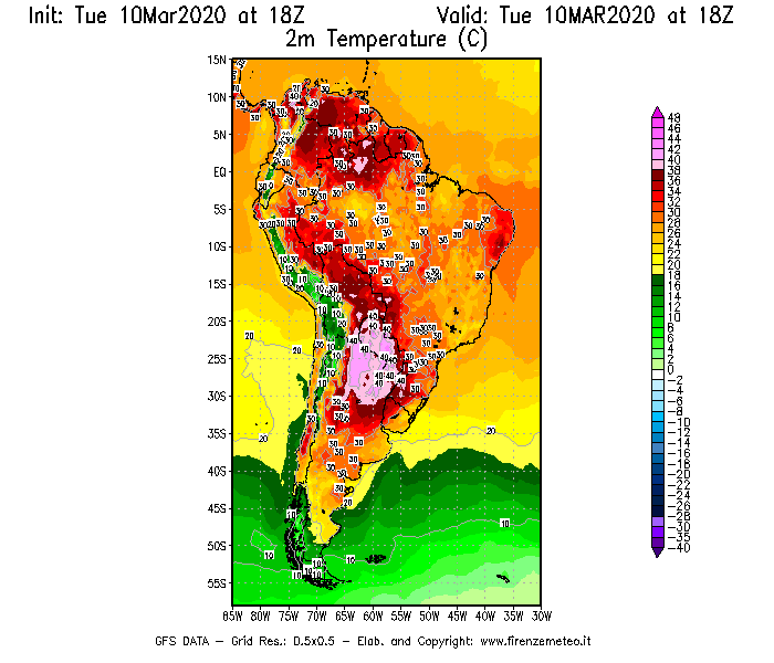 Mappa di analisi GFS - Temperatura a 2 metri dal suolo [°C] in Sud-America
									del 10/03/2020 18 <!--googleoff: index-->UTC<!--googleon: index-->