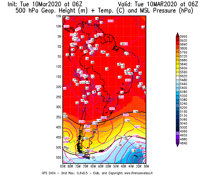 Mappa di analisi GFS - Geopotenziale [m] + Temp. [°C] a 500 hPa + Press. a livello del mare [hPa] in Sud-America
									del 10/03/2020 06 <!--googleoff: index-->UTC<!--googleon: index-->