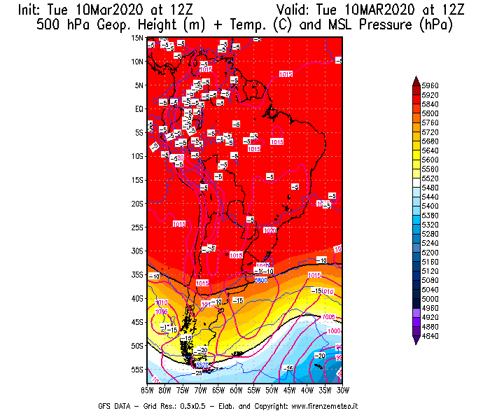 Mappa di analisi GFS - Geopotenziale [m] + Temp. [°C] a 500 hPa + Press. a livello del mare [hPa] in Sud-America
									del 10/03/2020 12 <!--googleoff: index-->UTC<!--googleon: index-->
