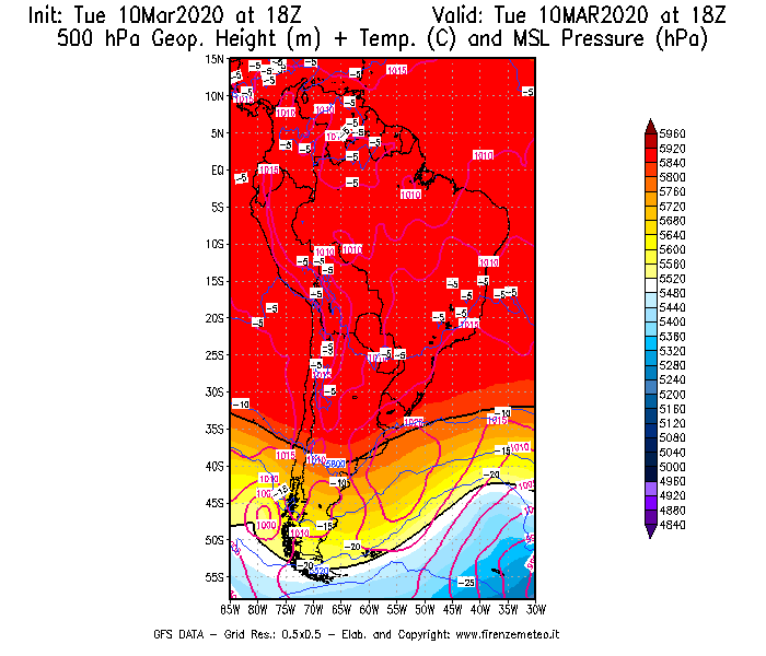 Mappa di analisi GFS - Geopotenziale [m] + Temp. [°C] a 500 hPa + Press. a livello del mare [hPa] in Sud-America
									del 10/03/2020 18 <!--googleoff: index-->UTC<!--googleon: index-->