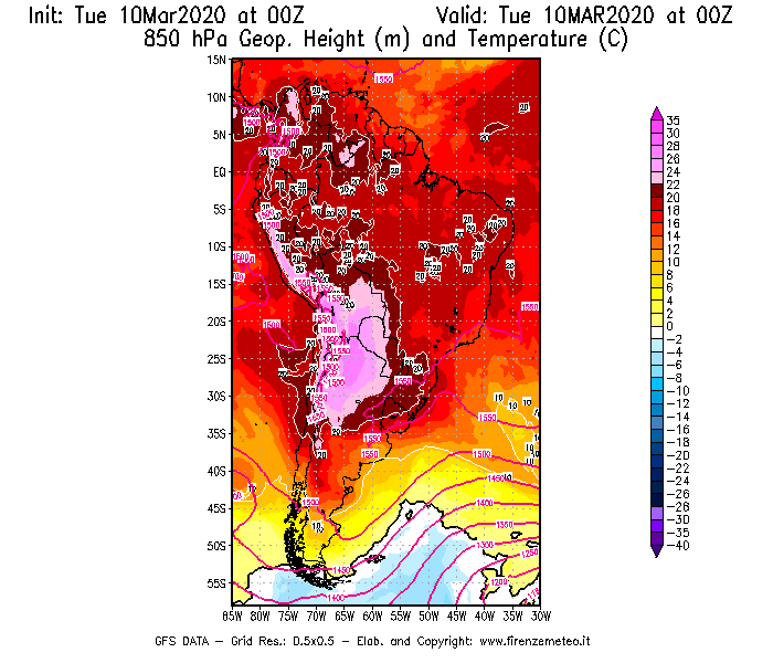 Mappa di analisi GFS - Geopotenziale [m] e Temperatura [°C] a 850 hPa in Sud-America
									del 10/03/2020 00 <!--googleoff: index-->UTC<!--googleon: index-->