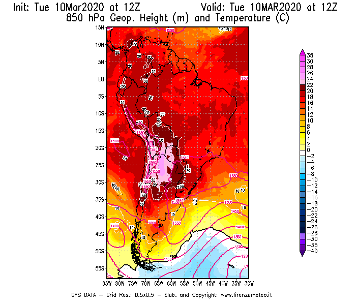 Mappa di analisi GFS - Geopotenziale [m] e Temperatura [°C] a 850 hPa in Sud-America
									del 10/03/2020 12 <!--googleoff: index-->UTC<!--googleon: index-->