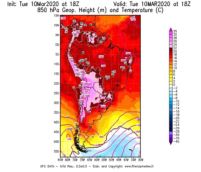 Mappa di analisi GFS - Geopotenziale [m] e Temperatura [°C] a 850 hPa in Sud-America
									del 10/03/2020 18 <!--googleoff: index-->UTC<!--googleon: index-->