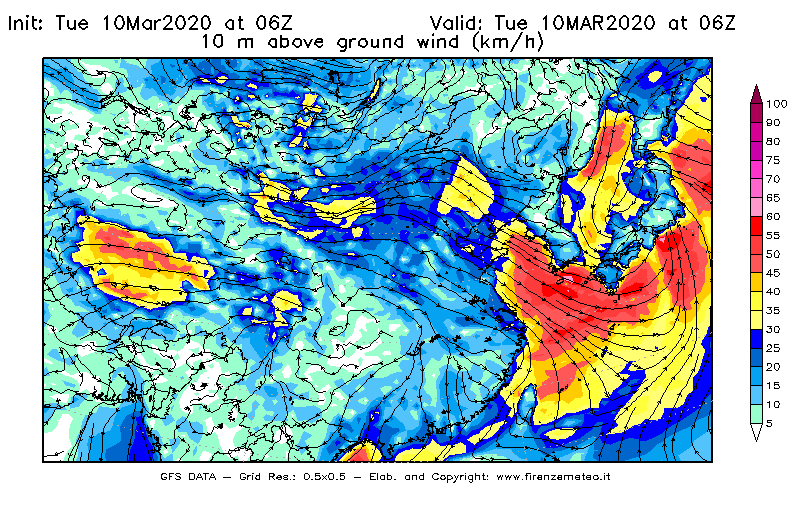 Mappa di analisi GFS - Velocità del vento a 10 metri dal suolo [km/h] in Asia Orientale
									del 10/03/2020 06 <!--googleoff: index-->UTC<!--googleon: index-->