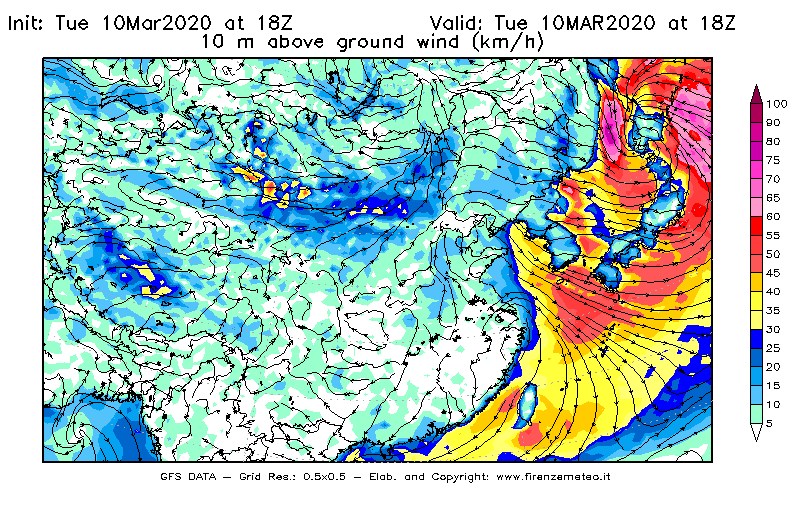 Mappa di analisi GFS - Velocità del vento a 10 metri dal suolo [km/h] in Asia Orientale
									del 10/03/2020 18 <!--googleoff: index-->UTC<!--googleon: index-->