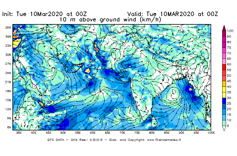 Mappa di analisi GFS - Velocità del vento a 10 metri dal suolo [km/h] in Asia Sud-Occidentale
									del 10/03/2020 00 <!--googleoff: index-->UTC<!--googleon: index-->
