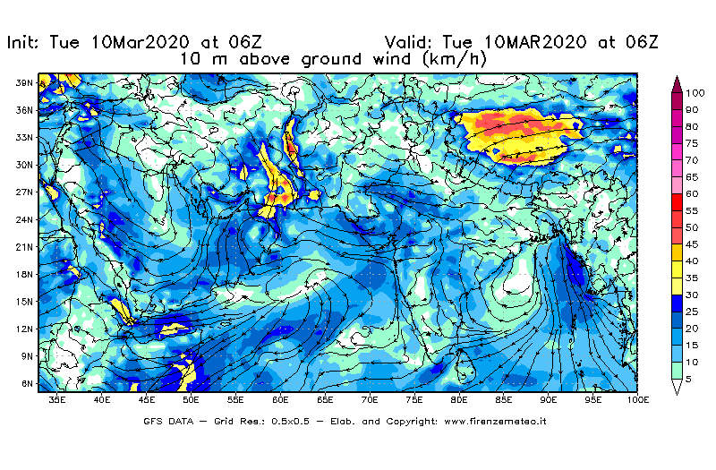 Mappa di analisi GFS - Velocità del vento a 10 metri dal suolo [km/h] in Asia Sud-Occidentale
									del 10/03/2020 06 <!--googleoff: index-->UTC<!--googleon: index-->
