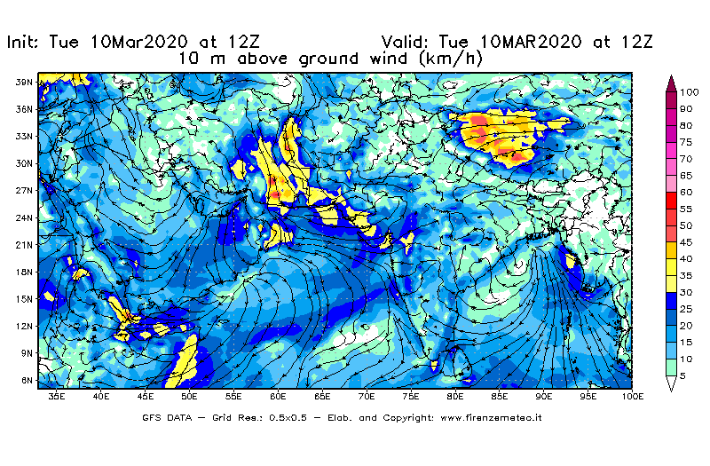 Mappa di analisi GFS - Velocità del vento a 10 metri dal suolo [km/h] in Asia Sud-Occidentale
									del 10/03/2020 12 <!--googleoff: index-->UTC<!--googleon: index-->