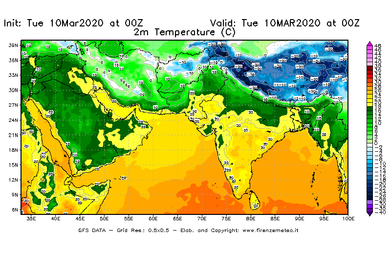 Mappa di analisi GFS - Temperatura a 2 metri dal suolo [°C] in Asia Sud-Occidentale
									del 10/03/2020 00 <!--googleoff: index-->UTC<!--googleon: index-->