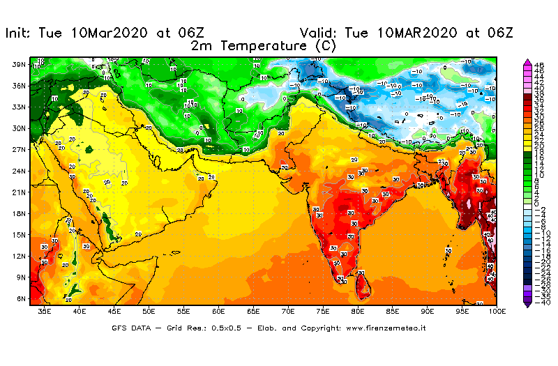 Mappa di analisi GFS - Temperatura a 2 metri dal suolo [°C] in Asia Sud-Occidentale
									del 10/03/2020 06 <!--googleoff: index-->UTC<!--googleon: index-->