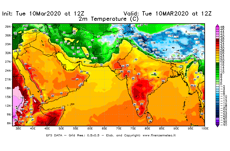 Mappa di analisi GFS - Temperatura a 2 metri dal suolo [°C] in Asia Sud-Occidentale
									del 10/03/2020 12 <!--googleoff: index-->UTC<!--googleon: index-->