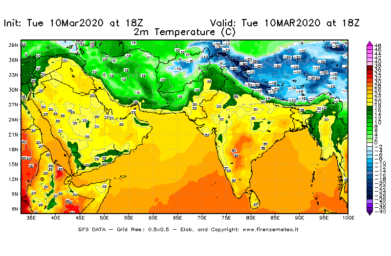 Mappa di analisi GFS - Temperatura a 2 metri dal suolo [°C] in Asia Sud-Occidentale
									del 10/03/2020 18 <!--googleoff: index-->UTC<!--googleon: index-->