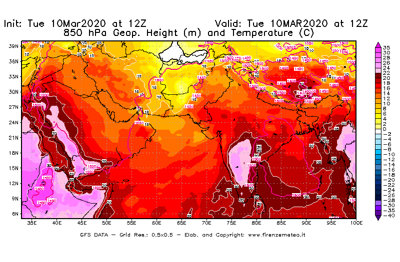 Mappa di analisi GFS - Geopotenziale [m] e Temperatura [°C] a 850 hPa in Asia Sud-Occidentale
									del 10/03/2020 12 <!--googleoff: index-->UTC<!--googleon: index-->