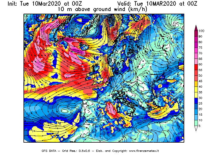 Mappa di analisi GFS - Velocità del vento a 10 metri dal suolo [km/h] in Europa
									del 10/03/2020 00 <!--googleoff: index-->UTC<!--googleon: index-->