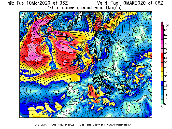 Mappa di analisi GFS - Velocità del vento a 10 metri dal suolo [km/h] in Europa
									del 10/03/2020 06 <!--googleoff: index-->UTC<!--googleon: index-->