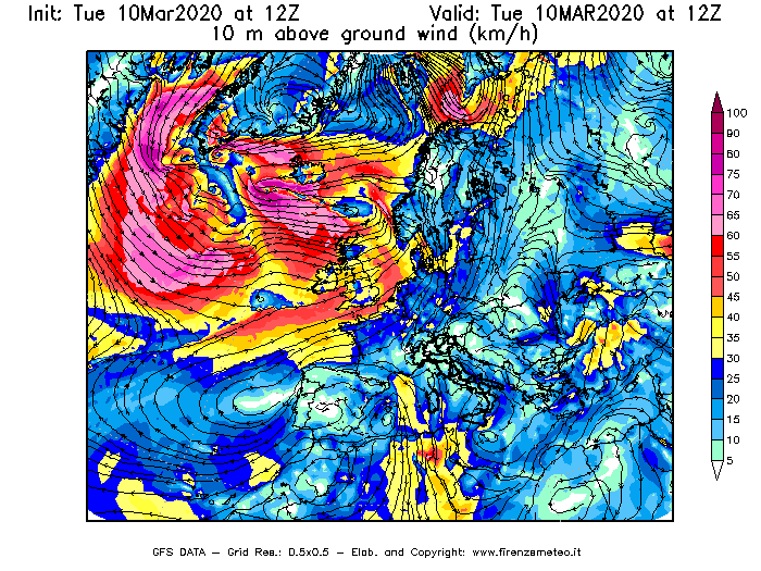 Mappa di analisi GFS - Velocità del vento a 10 metri dal suolo [km/h] in Europa
									del 10/03/2020 12 <!--googleoff: index-->UTC<!--googleon: index-->