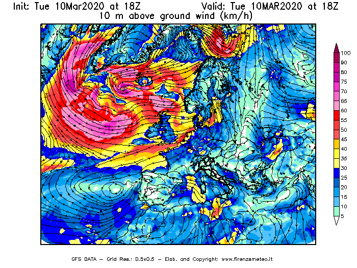 Mappa di analisi GFS - Velocità del vento a 10 metri dal suolo [km/h] in Europa
									del 10/03/2020 18 <!--googleoff: index-->UTC<!--googleon: index-->