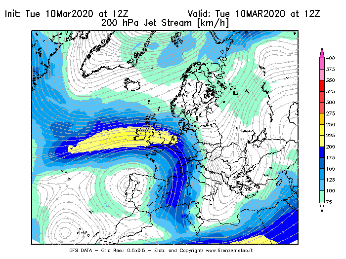 Mappa di analisi GFS - Jet Stream a 200 hPa in Europa
									del 10/03/2020 12 <!--googleoff: index-->UTC<!--googleon: index-->