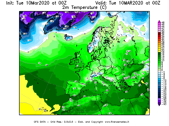 Mappa di analisi GFS - Temperatura a 2 metri dal suolo [°C] in Europa
									del 10/03/2020 00 <!--googleoff: index-->UTC<!--googleon: index-->