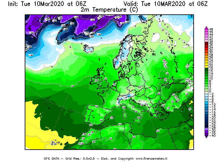 Mappa di analisi GFS - Temperatura a 2 metri dal suolo [°C] in Europa
									del 10/03/2020 06 <!--googleoff: index-->UTC<!--googleon: index-->