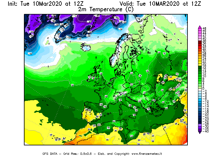 Mappa di analisi GFS - Temperatura a 2 metri dal suolo [°C] in Europa
									del 10/03/2020 12 <!--googleoff: index-->UTC<!--googleon: index-->