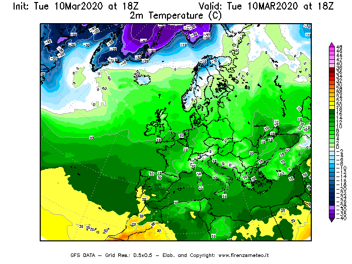 Mappa di analisi GFS - Temperatura a 2 metri dal suolo [°C] in Europa
									del 10/03/2020 18 <!--googleoff: index-->UTC<!--googleon: index-->
