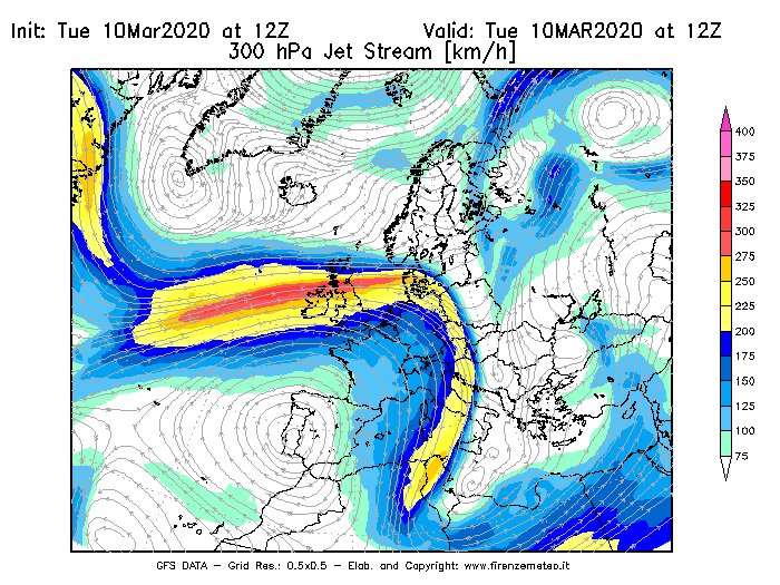 Mappa di analisi GFS - Jet Stream a 300 hPa in Europa
									del 10/03/2020 12 <!--googleoff: index-->UTC<!--googleon: index-->