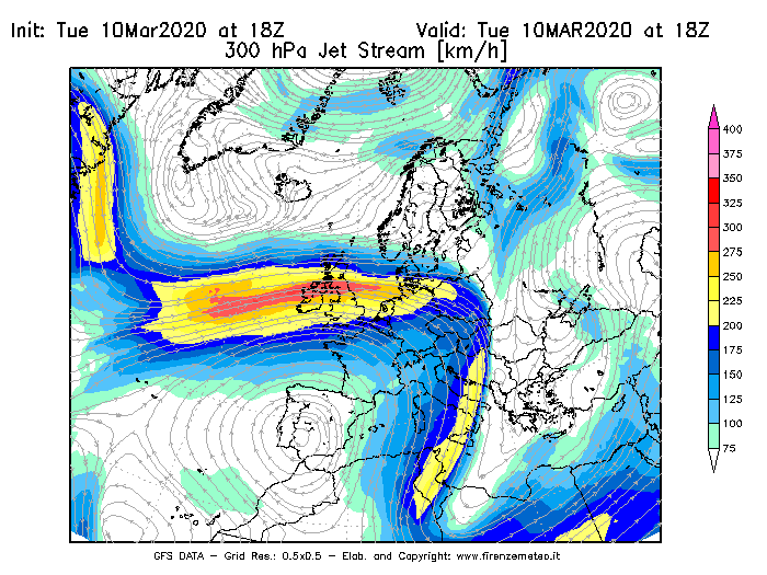 Mappa di analisi GFS - Jet Stream a 300 hPa in Europa
									del 10/03/2020 18 <!--googleoff: index-->UTC<!--googleon: index-->
