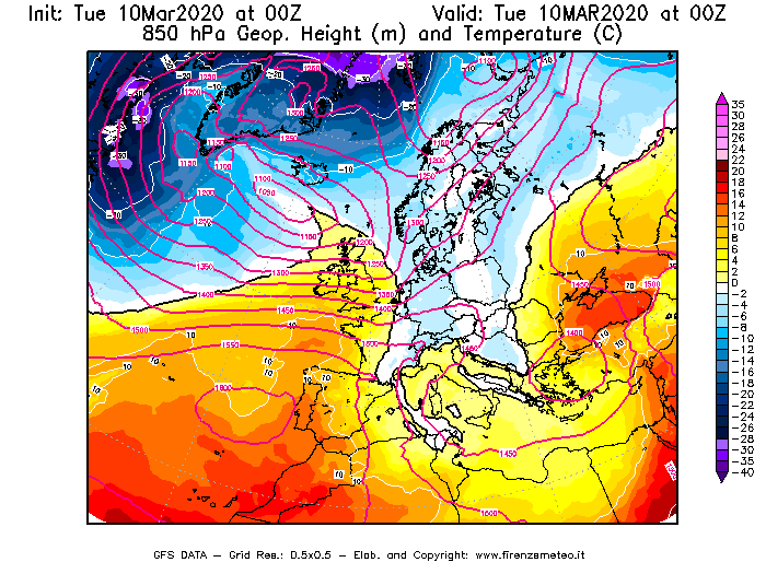 Mappa di analisi GFS - Geopotenziale [m] e Temperatura [°C] a 850 hPa in Europa
									del 10/03/2020 00 <!--googleoff: index-->UTC<!--googleon: index-->