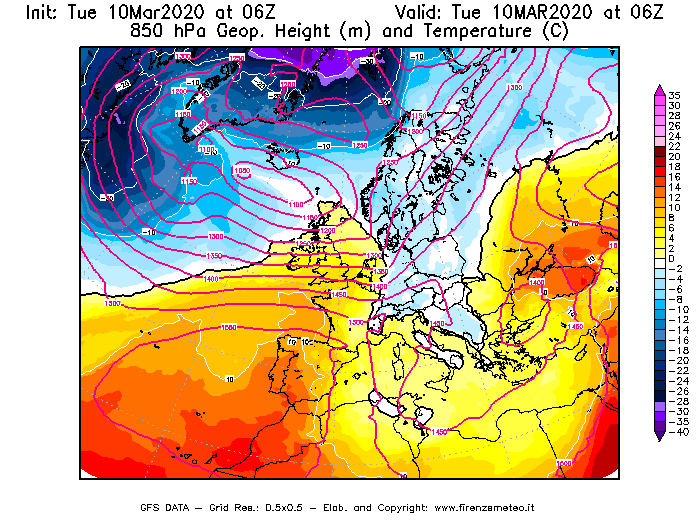 Mappa di analisi GFS - Geopotenziale [m] e Temperatura [°C] a 850 hPa in Europa
									del 10/03/2020 06 <!--googleoff: index-->UTC<!--googleon: index-->