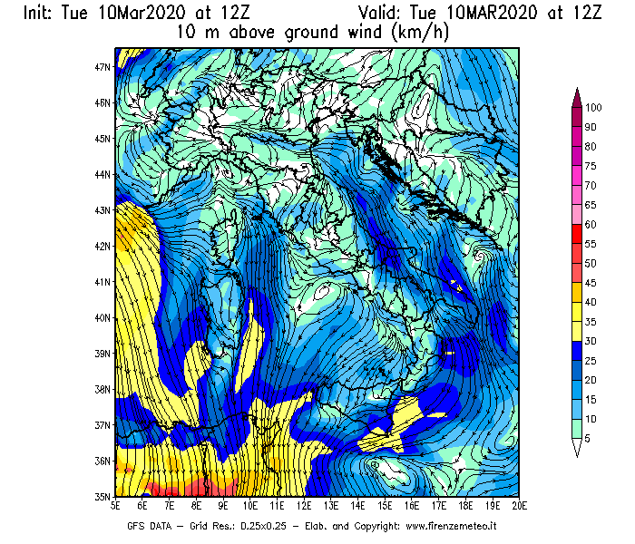 Mappa di analisi GFS - Velocità del vento a 10 metri dal suolo [km/h] in Italia
									del 10/03/2020 12 <!--googleoff: index-->UTC<!--googleon: index-->