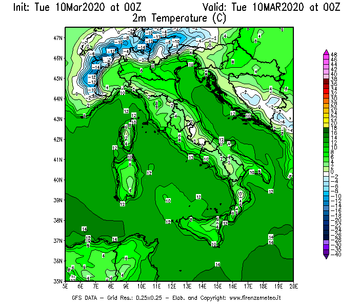 Mappa di analisi GFS - Temperatura a 2 metri dal suolo [°C] in Italia
									del 10/03/2020 00 <!--googleoff: index-->UTC<!--googleon: index-->