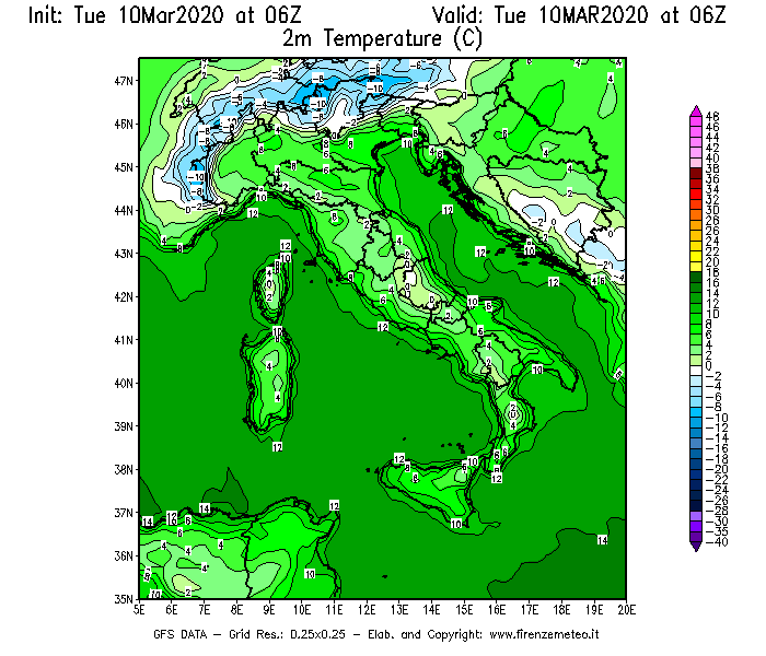 Mappa di analisi GFS - Temperatura a 2 metri dal suolo [°C] in Italia
									del 10/03/2020 06 <!--googleoff: index-->UTC<!--googleon: index-->