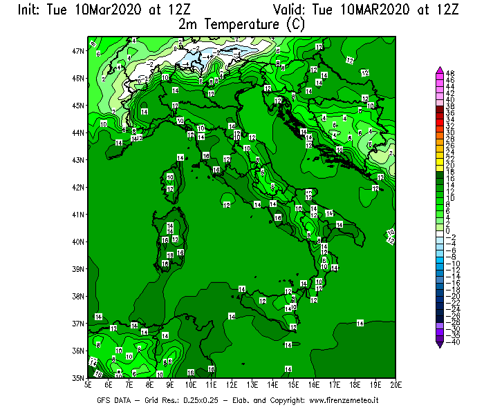 Mappa di analisi GFS - Temperatura a 2 metri dal suolo [°C] in Italia
									del 10/03/2020 12 <!--googleoff: index-->UTC<!--googleon: index-->