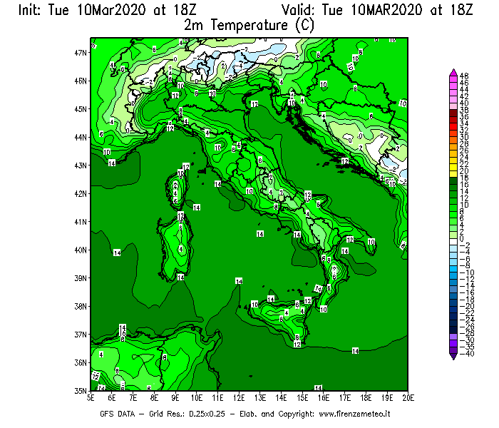 Mappa di analisi GFS - Temperatura a 2 metri dal suolo [°C] in Italia
									del 10/03/2020 18 <!--googleoff: index-->UTC<!--googleon: index-->