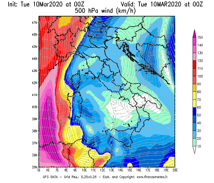 Mappa di analisi GFS - Velocità del vento a 500 hPa [km/h] in Italia
									del 10/03/2020 00 <!--googleoff: index-->UTC<!--googleon: index-->