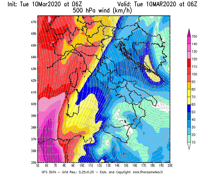 Mappa di analisi GFS - Velocità del vento a 500 hPa [km/h] in Italia
									del 10/03/2020 06 <!--googleoff: index-->UTC<!--googleon: index-->