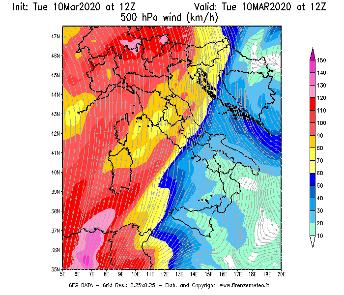 Mappa di analisi GFS - Velocità del vento a 500 hPa [km/h] in Italia
									del 10/03/2020 12 <!--googleoff: index-->UTC<!--googleon: index-->