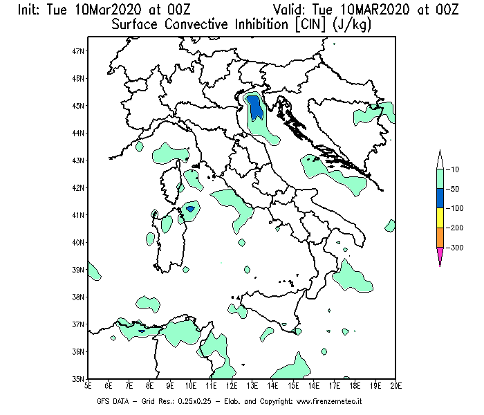 Mappa di analisi GFS - CIN [J/kg] in Italia
									del 10/03/2020 00 <!--googleoff: index-->UTC<!--googleon: index-->
