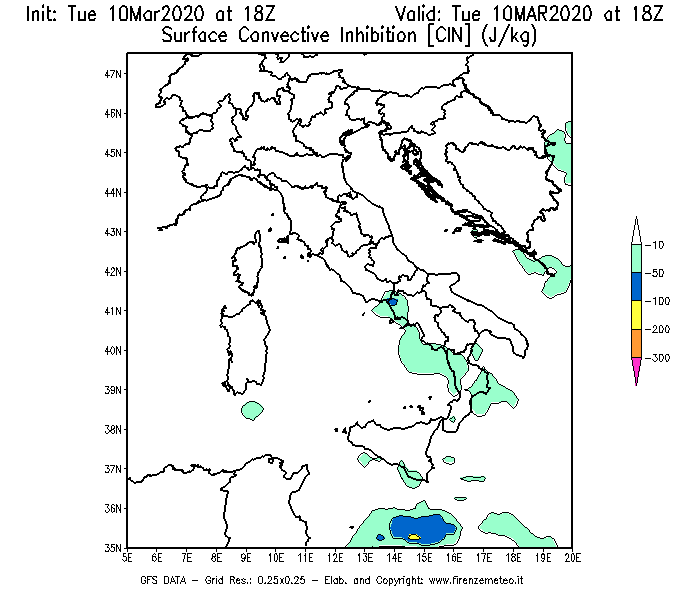 Mappa di analisi GFS - CIN [J/kg] in Italia
									del 10/03/2020 18 <!--googleoff: index-->UTC<!--googleon: index-->