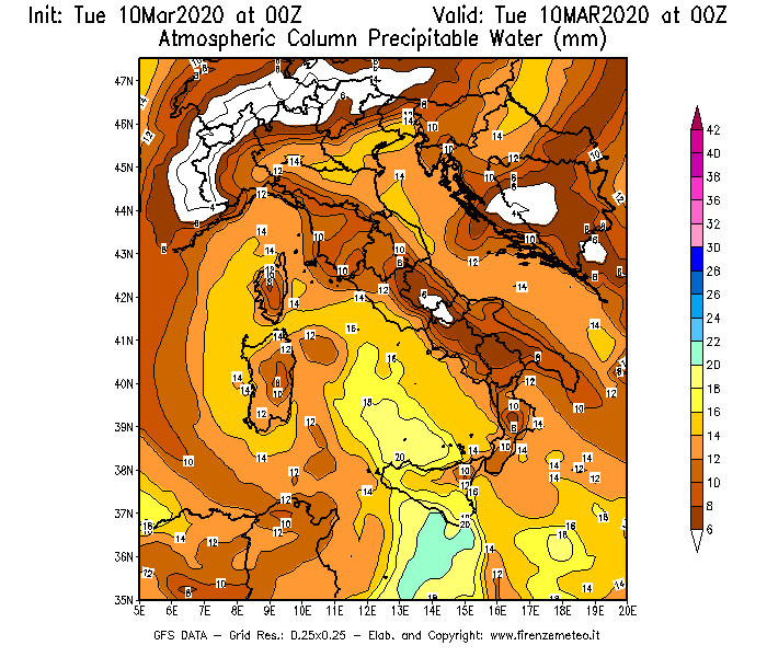 Mappa di analisi GFS - Precipitable Water [mm] in Italia
									del 10/03/2020 00 <!--googleoff: index-->UTC<!--googleon: index-->