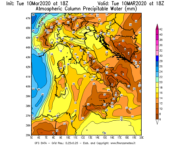 Mappa di analisi GFS - Precipitable Water [mm] in Italia
									del 10/03/2020 18 <!--googleoff: index-->UTC<!--googleon: index-->