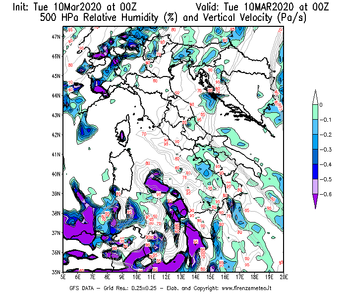 Mappa di analisi GFS - Umidità relativa [%] e Omega [Pa/s] a 500 hPa in Italia
									del 10/03/2020 00 <!--googleoff: index-->UTC<!--googleon: index-->