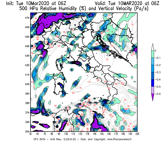 Mappa di analisi GFS - Umidità relativa [%] e Omega [Pa/s] a 500 hPa in Italia
									del 10/03/2020 06 <!--googleoff: index-->UTC<!--googleon: index-->